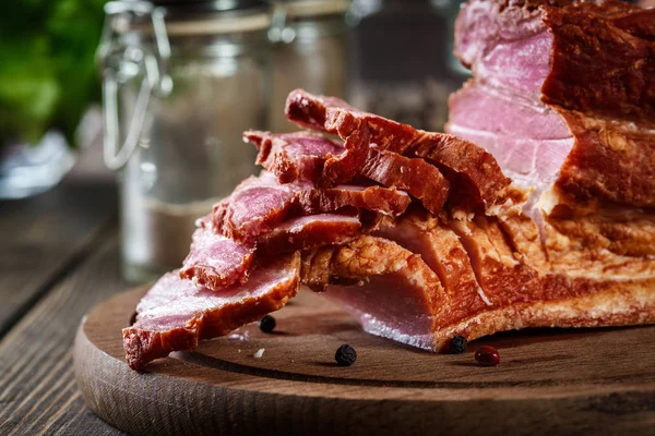 Smoked Bacon Chopped Slices Ready Prepare Traditional Breakfast Eggs Eating — Stock Photo, Image