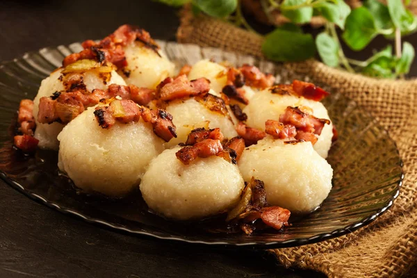 Potato Dumplings Stuffed Meat Served Bacon Plate — Stock Photo, Image