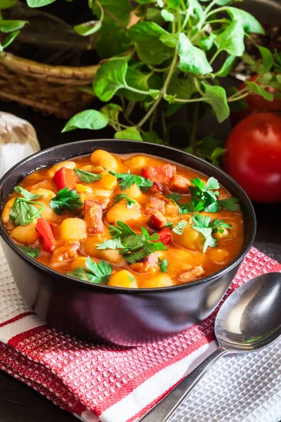 Sopa Frijoles Blancos Con Papas Tomates Pimentón Tocino Tazón Cerámica —  Fotos de Stock