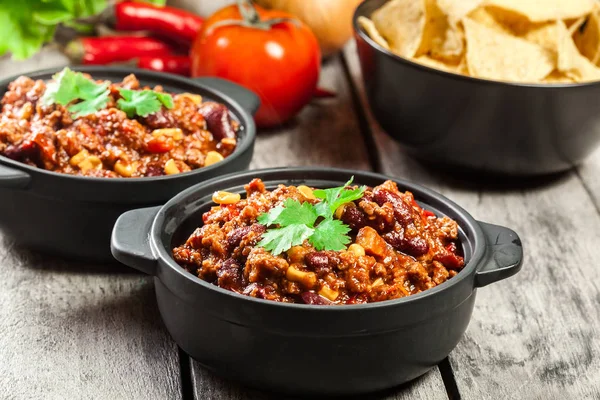 Tál Meleg Chili Con Carne Val Darált Marhahús Babot Paradicsom — Stock Fotó