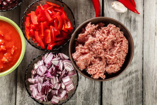 Ingrédients Prêts Pour Préparation Chili Con Carne Maigrir Paprika Tomates — Photo