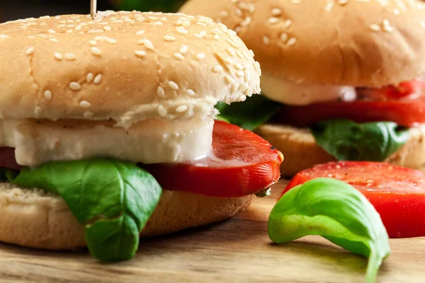 Sanduíches Caprese Italianos Com Queijo Mussarela Tomate Manjericão — Fotografia de Stock