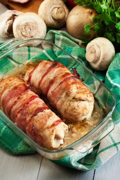 Baked Chicken Breast Stuffed Champignon Onion Cheese Wrapped Bacon Glass — Stock Photo, Image