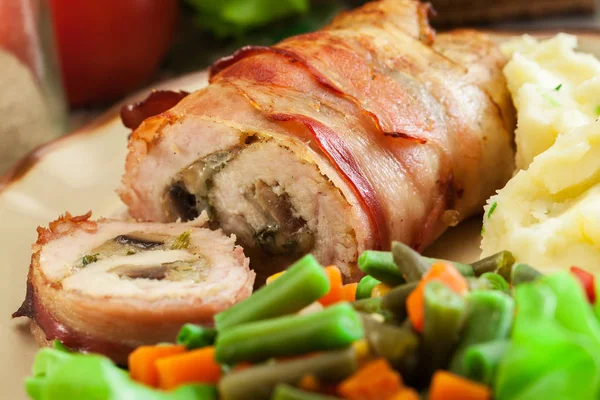 Chicken Breast Stuffed Champignon Onion Cheese Wrapped Bacon Served Mashed — Stock Photo, Image