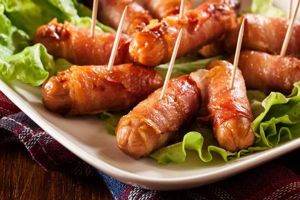 Pigs Blankets Mini Sausages Wrapped Smoked Bacon Plate — Stock Photo, Image