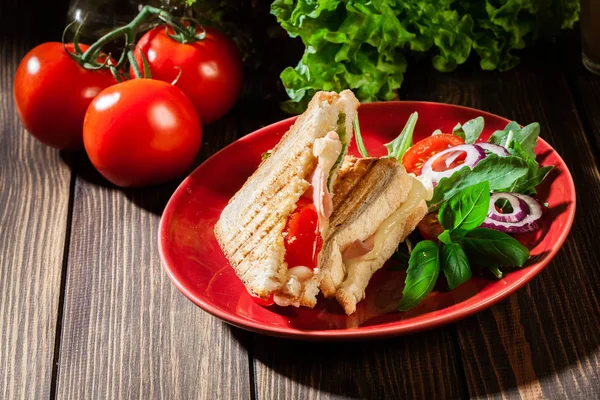 皿の上のハム チーズ トマトのサンドイッチをトースト パニーニ — ストック写真
