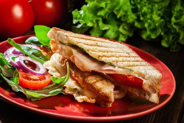 Toasted Panini Ham Cheese Tomato Sandwich Plate — Stock Photo, Image
