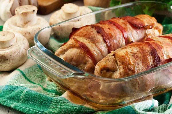 Baked Chicken Breast Stuffed Champignon Onion Cheese Wrapped Bacon Glass — Stock Photo, Image