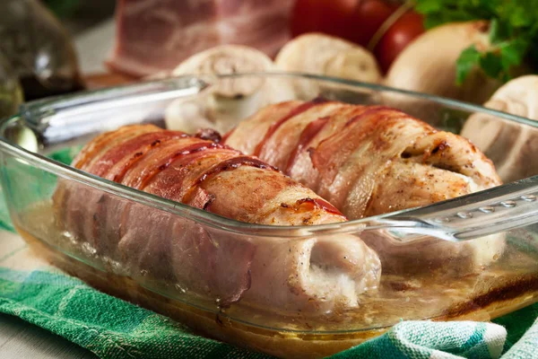 Baked Chicken Breast Stuffed Champignon Onion Cheese Wrapped Bacon Glass — Stock Photo, Image