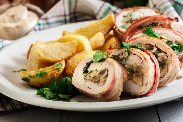 Chicken Breast Stuffed Champignon Onion Cheese Wrapped Bacon Served Baked — Stock Photo, Image