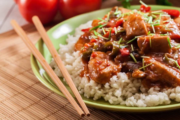 Delicious Chicken Sweet Sour Sauce Served Rice — Stock Photo, Image