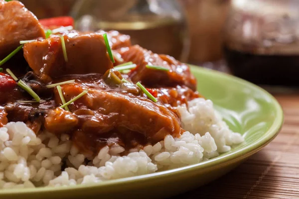Delicious Chicken Sweet Sour Sauce Served Rice — Stock Photo, Image