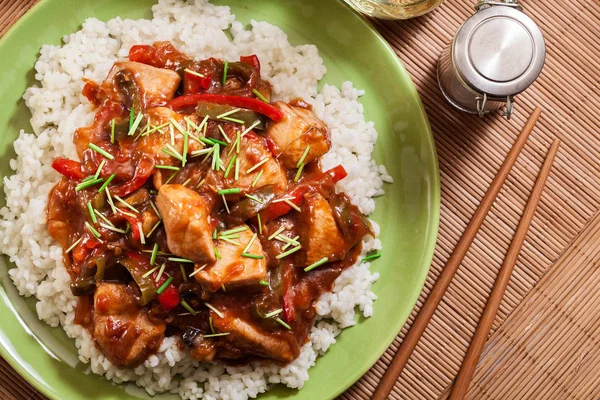 Delicious Chicken Sweet Sour Sauce Served Rice Top View — Stock Photo, Image