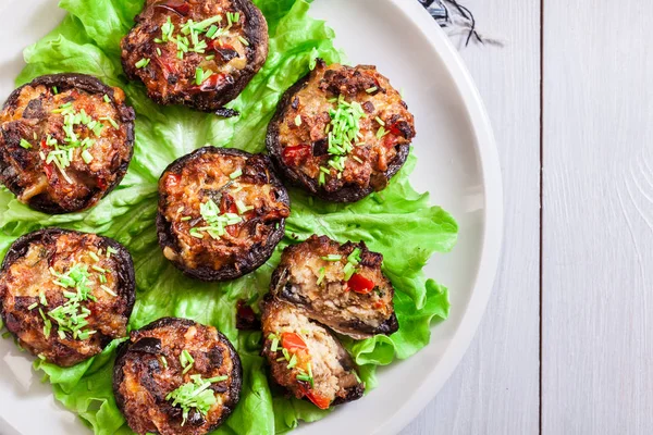 Baked Champignon Caps Stuffed Minced Meat Mushroom Paprika Onion Top — Stock Photo, Image