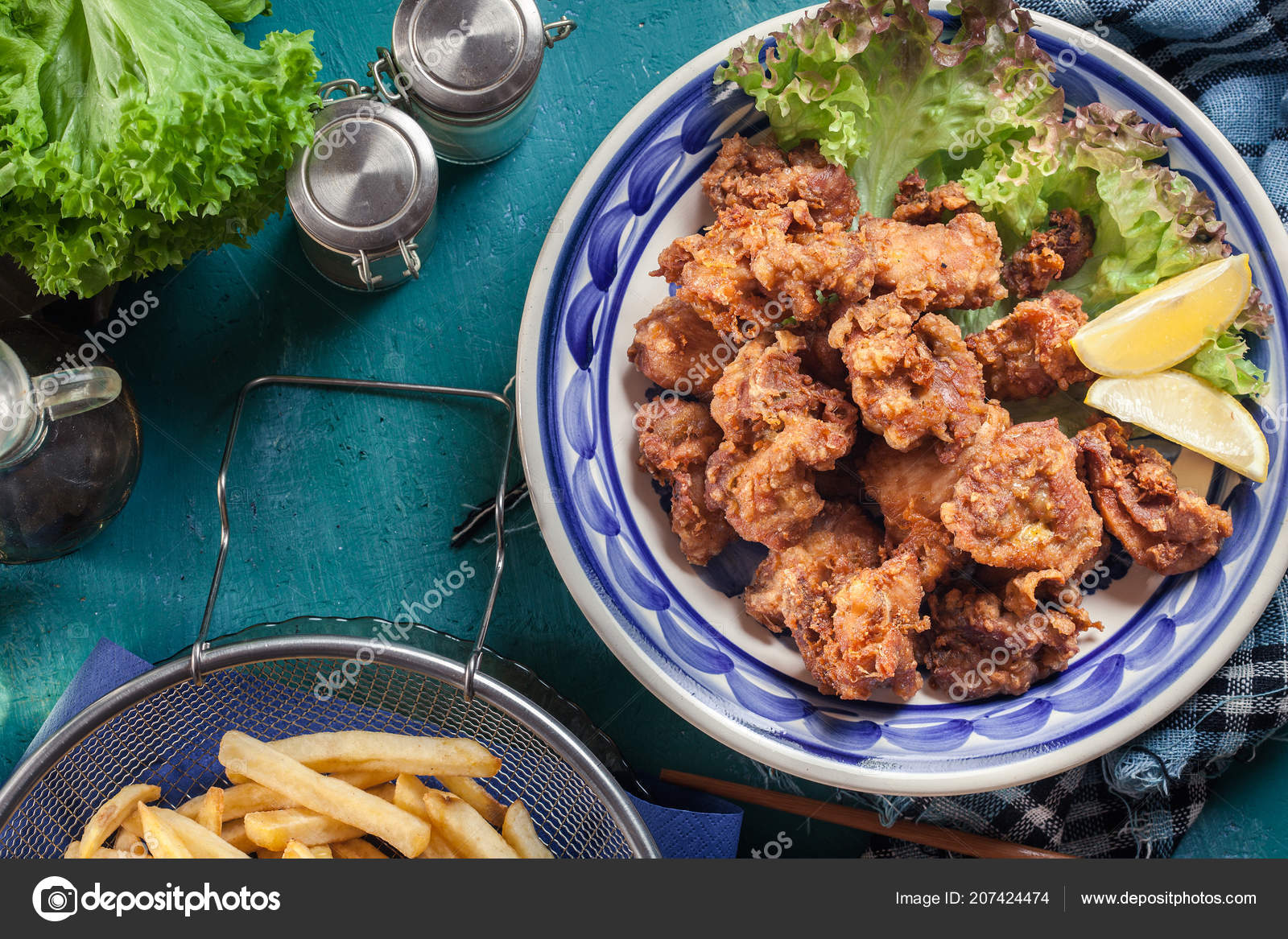 Crispy Chicken Karaage Lettuce Popular Japanese Dish Top View Stock