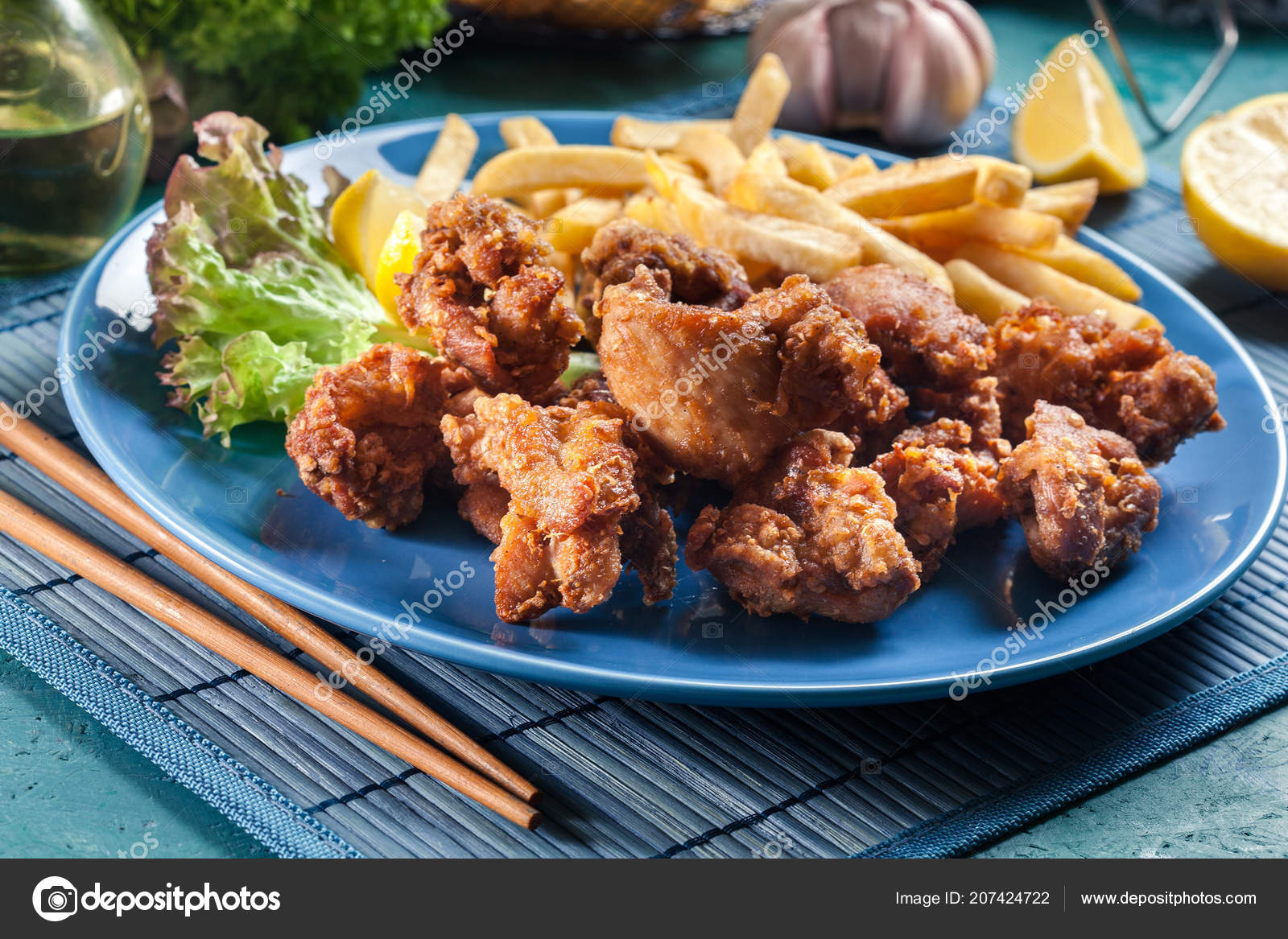 Crispy Chicken Karaage Served French Fries Popular Japanese Dish Stock