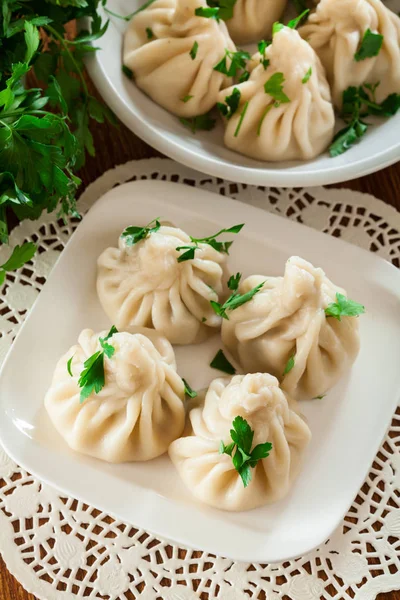 Georgian Dumplings Khinkali Chinkali Minced Meat Herbs Plate Top View — Stock Photo, Image