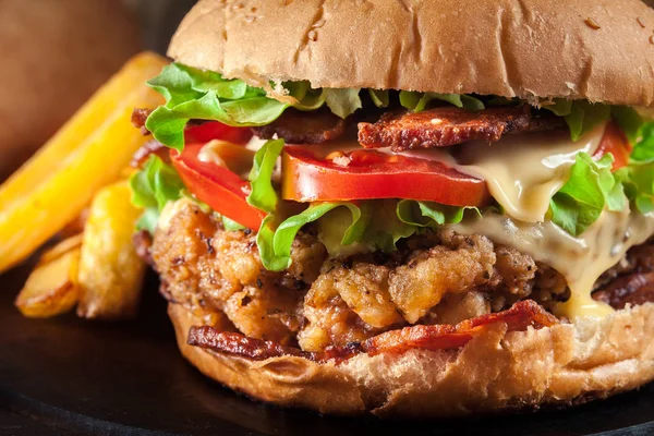 Delicious Burger Chicken Bacon Tomato Cheese Lettuce Served French Fries — Stock Photo, Image