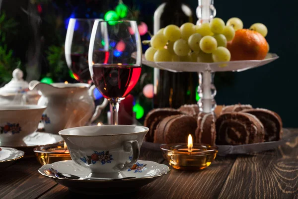 High Tea Set Mit Dessert Auf Festlichem Tisch — Stockfoto
