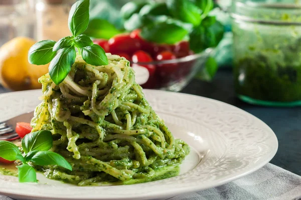 Pasta Spaghetti Homemade Basil Pesto Sauce White Plate — Stock Photo, Image