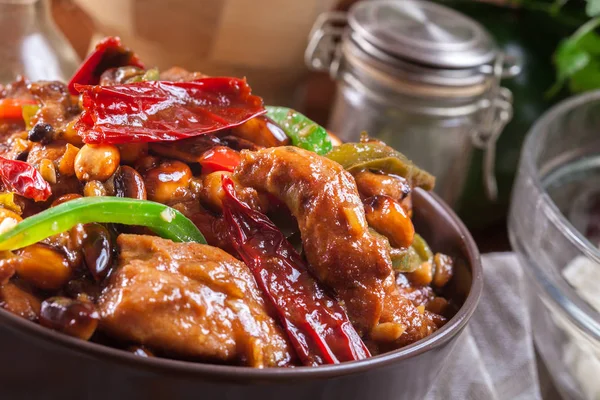 Homemade Kung Pao Chicken Peppers Vegetables Traditional Sichuan Dish — Stock Photo, Image