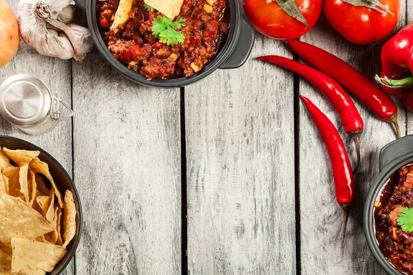 Tál Meleg Chili Con Carne Val Darált Marhahús Babot Paradicsom — Stock Fotó