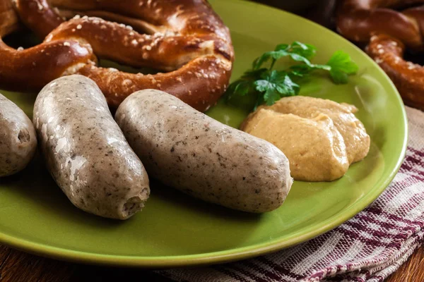 Petit Déjeuner Bavarois Avec Saucisse Blanche Bretzel Bière — Photo