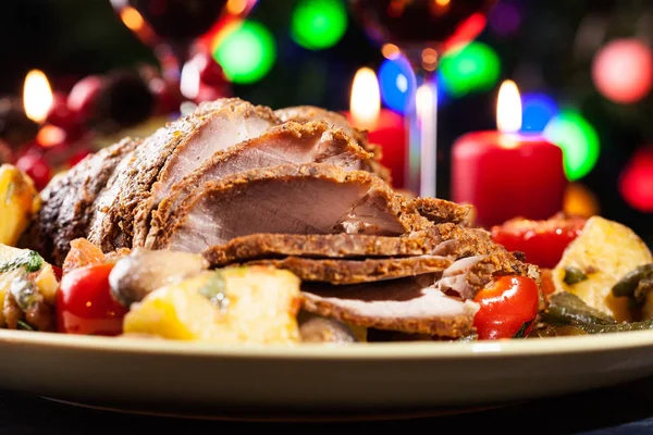 Juicy Roast Pork Holiday Table Shallow Depth Field — Stock Photo, Image