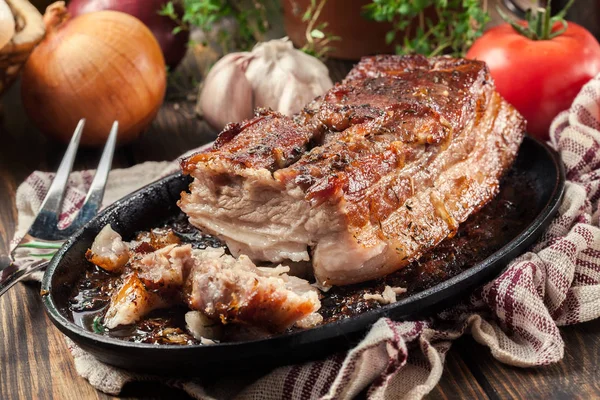 Still Hot Baked Pork Belly Bacon Roasted Meat — Stock Photo, Image