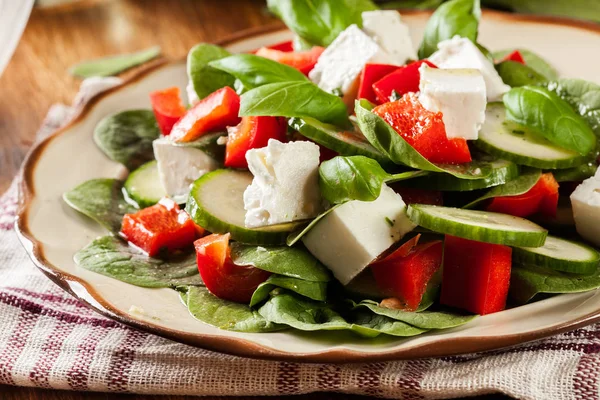 Salada Espinafre Fresca Com Feta Pepino Páprica Vermelha Uma Chapa — Fotografia de Stock