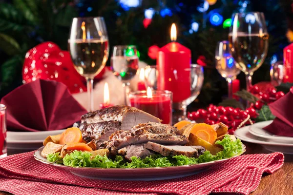 Roasted Pork Loin Baked Potatoes Vegetables Christmas Atmosphere — Stock Photo, Image