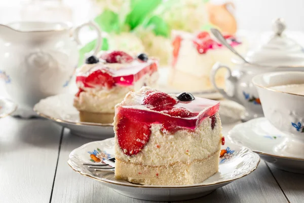 Portions Cheesecake Strawberries Blueberry Jelly Served Cup Coffee — Stock Photo, Image