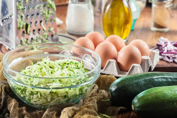 Grated Zucchini Prepare Fritters Vegetarian Food — Stock Photo, Image