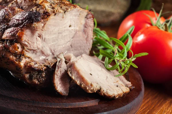 Roasted Pork Loin Herbs Cutting Board — Stock Photo, Image