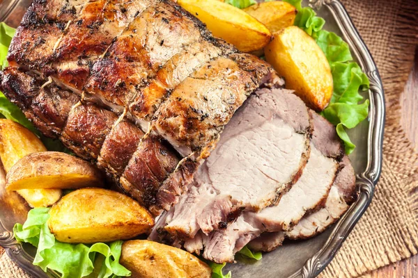 Roasted Pork Loin Baked Potatoes Herbs Plate — Stock Photo, Image