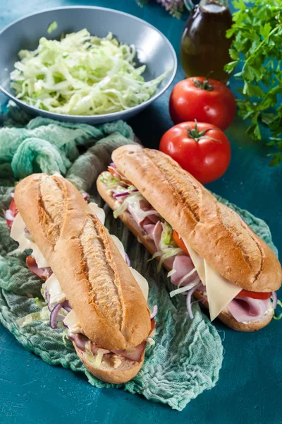 Submarine Sandwiches Ham Cheese Tomatoes Cabbage Cucumber Fresh Delicious Dish — Stock Photo, Image