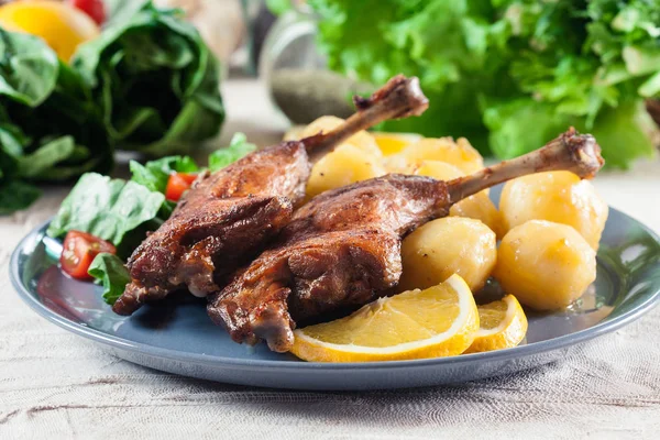 Benen Confit Van Eend Met Gekookte Aardappelen Sla Een Bord — Stockfoto