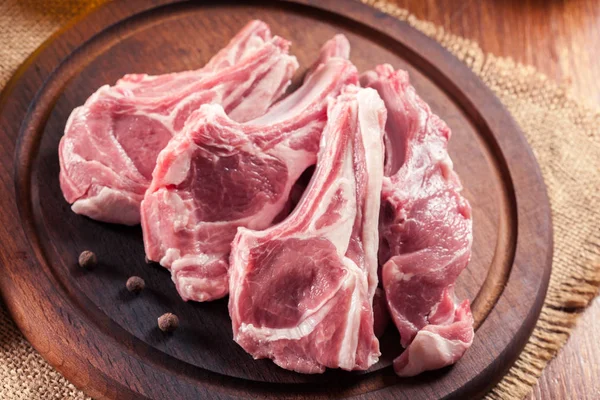 Raw Fresh Lamb Chops Wooden Cutting Board Food Drink Concept — Stock Photo, Image