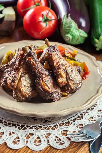 Roasted Lamb Chops Served Ratatouille Food Drink Concept — Stock Photo, Image