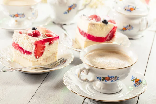 Cup Coffee Served Cheesecake Strawberries Blueberry Jelly — Stock Photo, Image