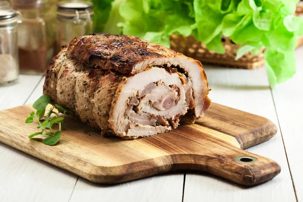 Roasted Pork Roll Stuffed Other Meat Dried Tomatoes Cutting Board — Stock Photo, Image