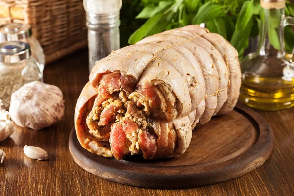 Traditional Italian Porchetta Marinated Rolled Pork Belly Ready Roasting — Stock Photo, Image
