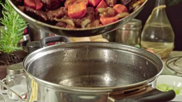 Cooking irish stew, inside a metal pot. Traditional St Patrick's day dish — Stock Footage Cooking Irish Stew Metal Pot Traditional Patrick Day Dish Stock Footage