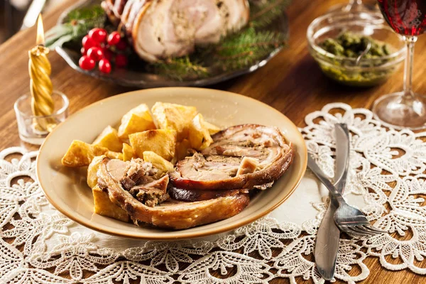 Traditional Italian Porchetta Rolled Pork Belly Baked Potatoes Festive Table — Stock Photo, Image