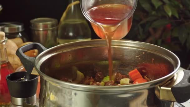 Cooking irish stew, inside a metal pot. Traditional St Patrick's day dish — Stock Footage Cooking Irish Stew Metal Pot Traditional Patrick Day Dish Stock Video