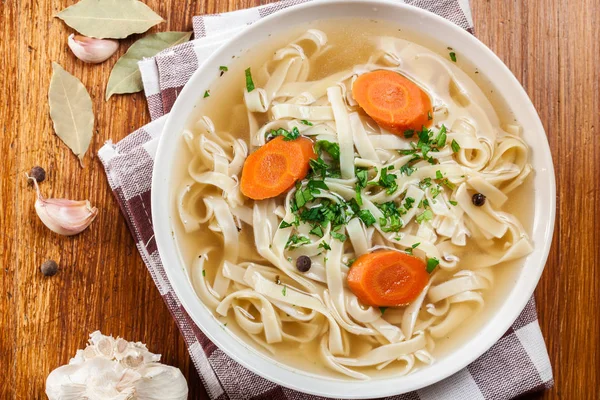 Tasty Meat Broth Noodles Carror Parsley Plate Top View — Stock Photo, Image