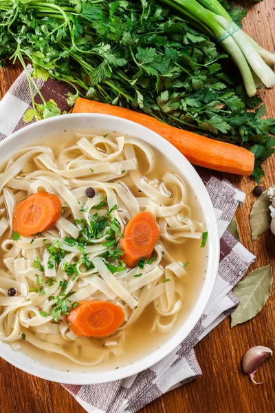 Tasty Meat Broth Noodles Carror Parsley Plate Top View — Stock Photo, Image