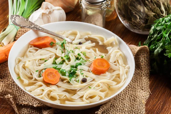 Tasty Meat Broth Noodles Carror Parsley Plate — Stock Photo, Image