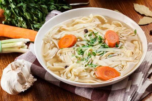 Tasty Meat Broth Noodles Carror Parsley Plate — Stock Photo, Image
