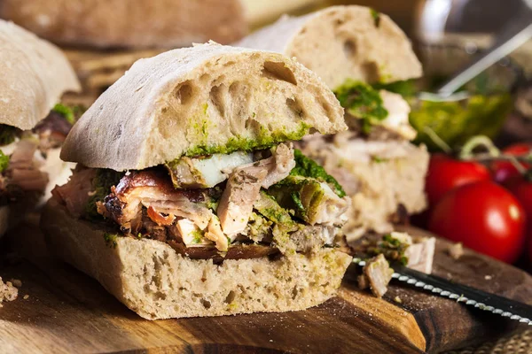 Sandwich Italien Porchetta Ciabatta Avec Ventre Porc Roulé — Photo